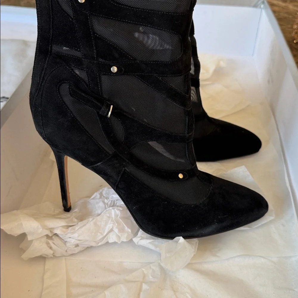 Brian Atwood black suede mesh thigh high over knee OTK boot zipper sz 38.5